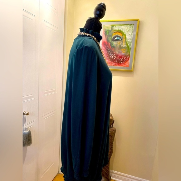 Y2K  Uniqlo Japan green mock neck tunic w/ smocking collar & hem 💚 - Picture 6 of 9